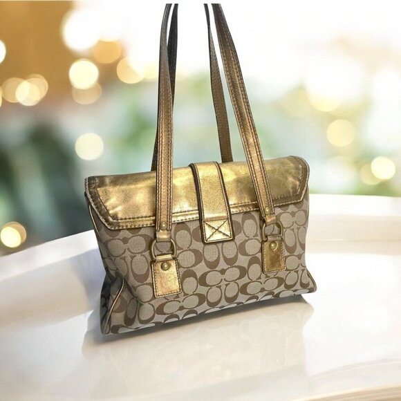 Vintage COACH Gold Metallic Signature Shoulder bag/ Satchel - Picture 7 of 16